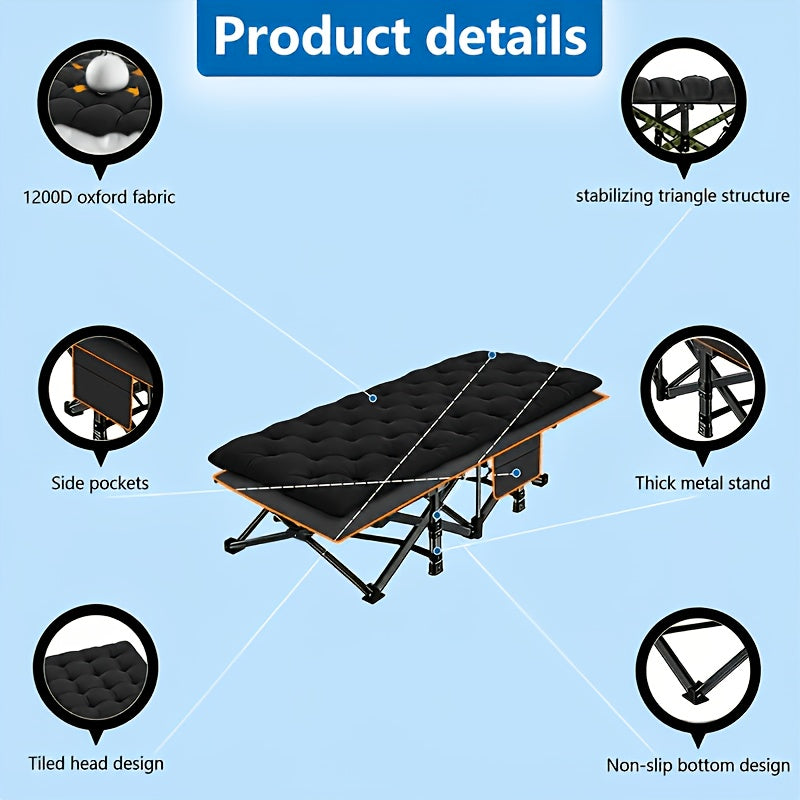Velora Folding Camping Cot No Mattress for Adults – Double Layer Oxford Fabric, Heavy Duty 500/600/700 LBS, Portable Outdoor Bed with Carrying Case, Black & Gray