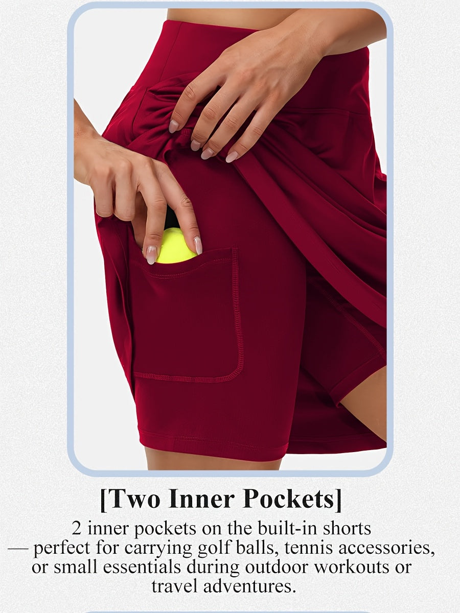 Women's 20-Inch Knee Length Skorts with 5 Pockets – High Waist Built-In Shorts Athletic Skirt for Tennis Golf Pickleball Hiking Casual Wear, Sizes S-XXL, 5 Colors Black White Navy Sky Blue Deep Red