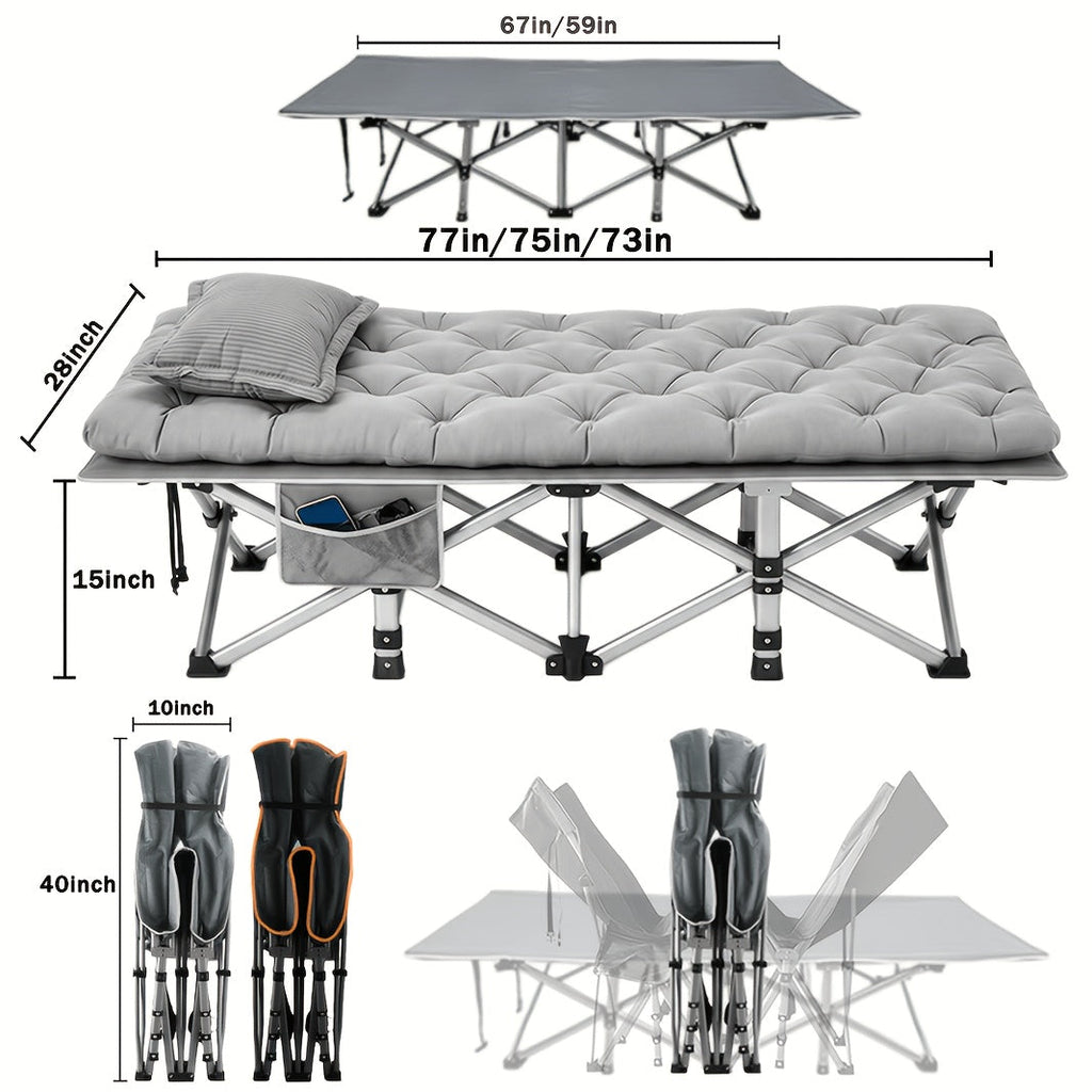 Extra Large Folding Bed with Mattress – 67"/75" Heavy Duty Camping Cot, 750 lbs Capacity, Portable Foldable Guest Bed for Adults, Travel, Camping, Gray & Black