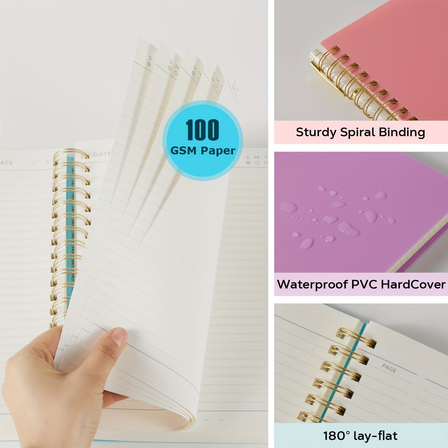 Spiral Notebook 3 Pack A5 Hardcover College Ruled 300 Pages 100GSM Thick Paper PVC Cover Notepad Set for Women Girls Students School Office Journaling 5.7x8.4 with Built-In Ruler