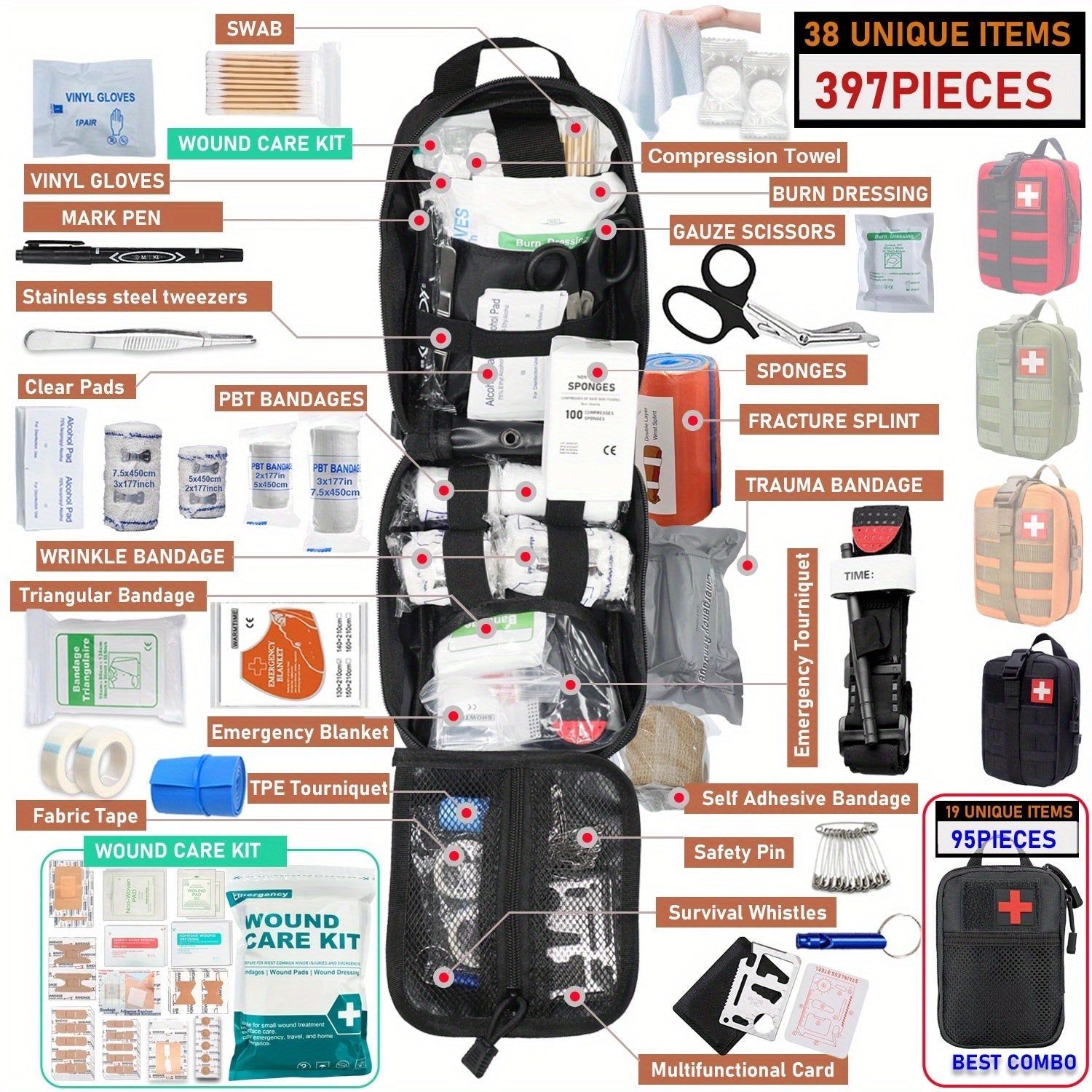 Professional First Aid Kit 399 Piece & 99 Piece Survival Gear Emergency Kit for Hiking Camping Hunting Car Travel – Includes Scissors Tweezers Splints – Gift for Men