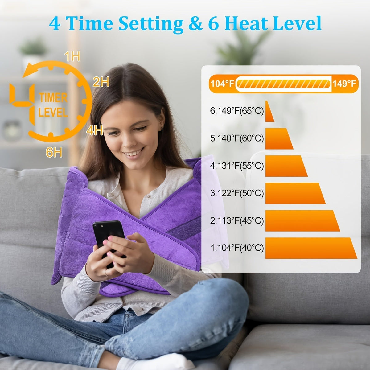 Electric Heating Belt for Back Pain Relief 12x24 Inch – 6 Heat Levels 104-149°F, 6-Hour Auto Shutoff, 4 Timers, Adjustable 24-45 Inch Waist, Washable Heated Waist Pad for Men and Women
