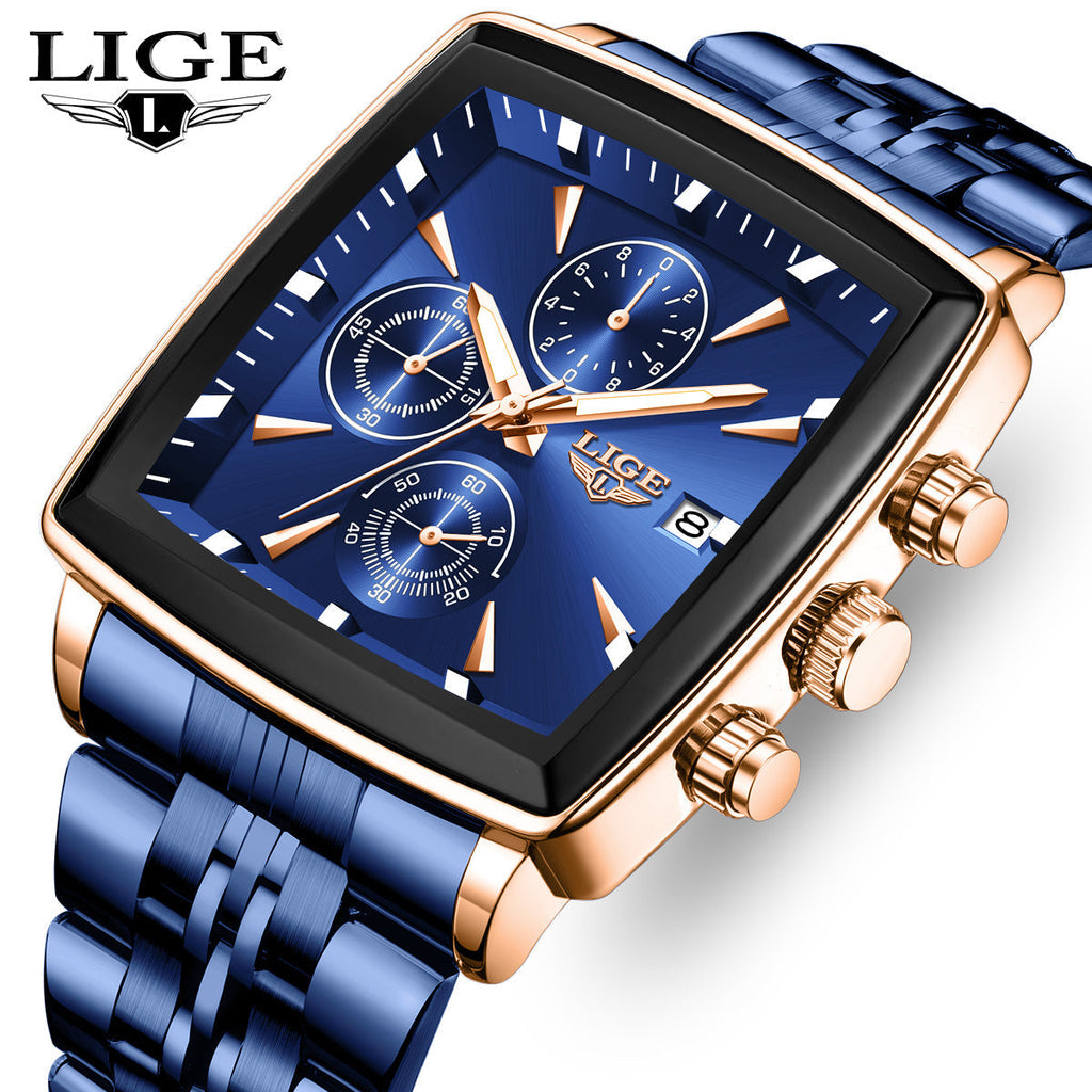 LIGE Men's Square Quartz Watch Stainless Steel Strap Calendar Display – Preppy Sport Fashion Wristwatch 8 Colors Rose Gold Black Blue, Birthday Graduation Gift for Men Teens