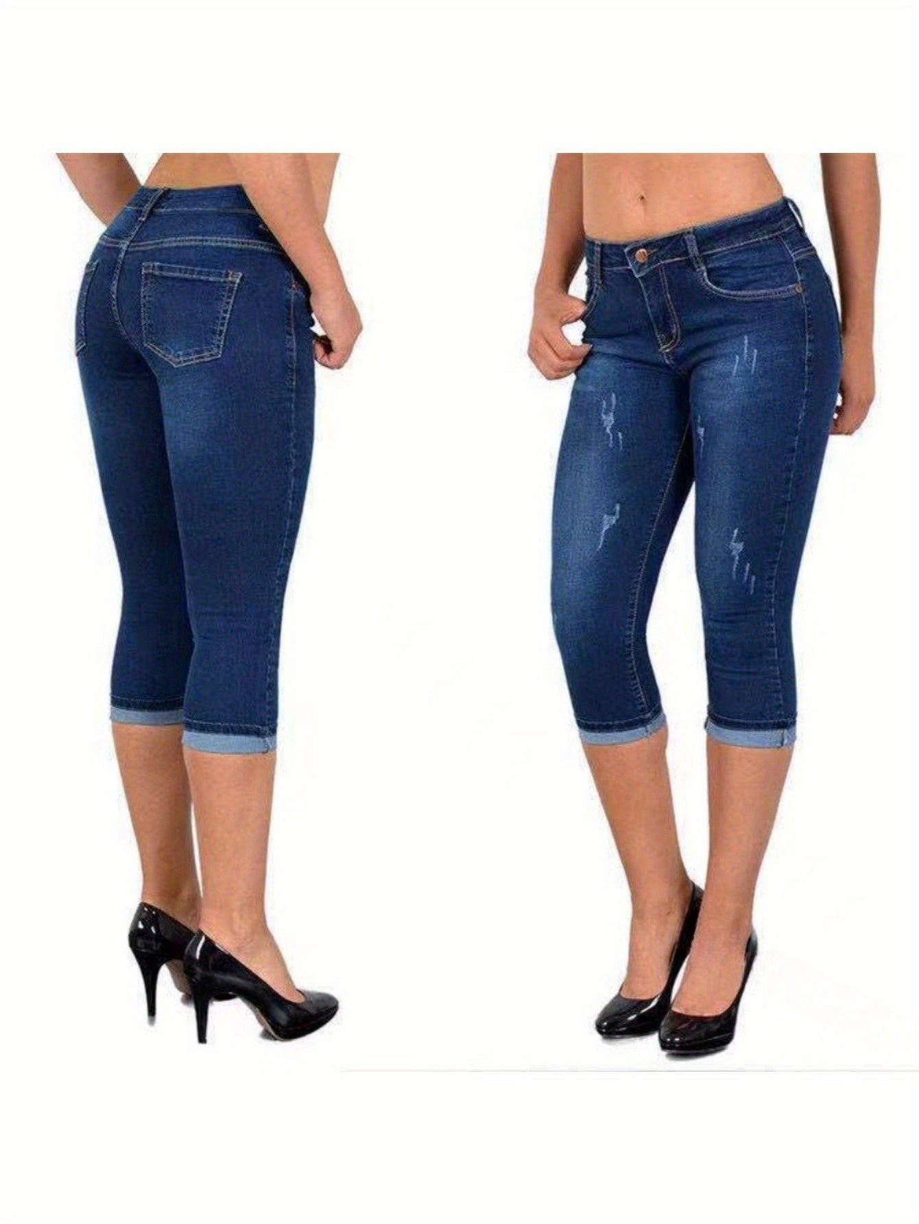 Women's Stretch Skinny Capri Jeans – Slim Fit Cropped Denim Pants with Elastic Waistband, Soft Machine Washable Fabric, Street Style Summer Casual, 3 Colors, Sizes S-XXL