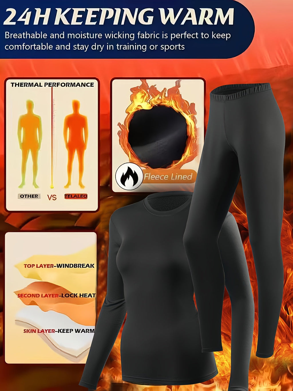 Women's Thermal Underwear Set 2 Piece Fleece Lined Leggings & Top, Compression Base Layer for Winter Sports Skiing Yoga Cycling, Warm Activewear Loungewear Sleepwear for Cold Weather