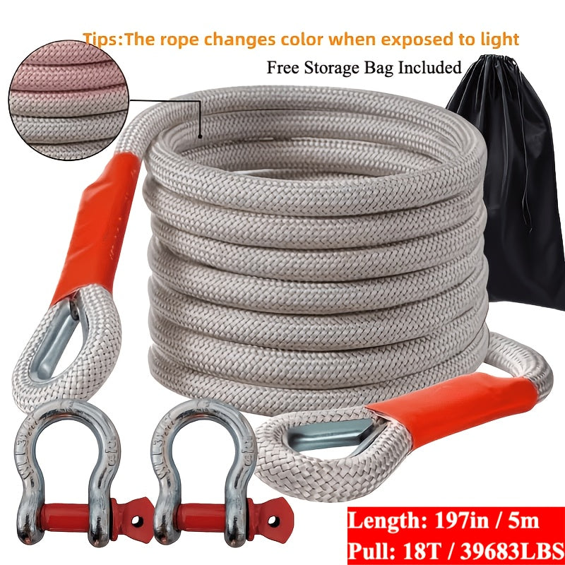 Heavy Duty Tow Rope and Hook Combo Set 196.85 Inch Nylon Recovery Rope 5 18 20 Ton with 2 Steel U-Hooks and Storage Bag Off-Road Vehicle Recovery for Truck SUV UTV ATV Jeep 3 Size Options