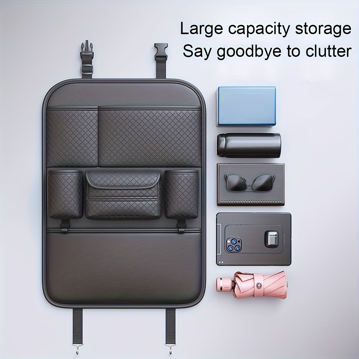 Car Seat Back Organizer PU Leather Large Capacity Multi-Pocket Backseat Storage Bag for Water Bottles Tablets Laptops – Classic Black Stylish Auto Interior Organizer for Cars SUVs Trucks