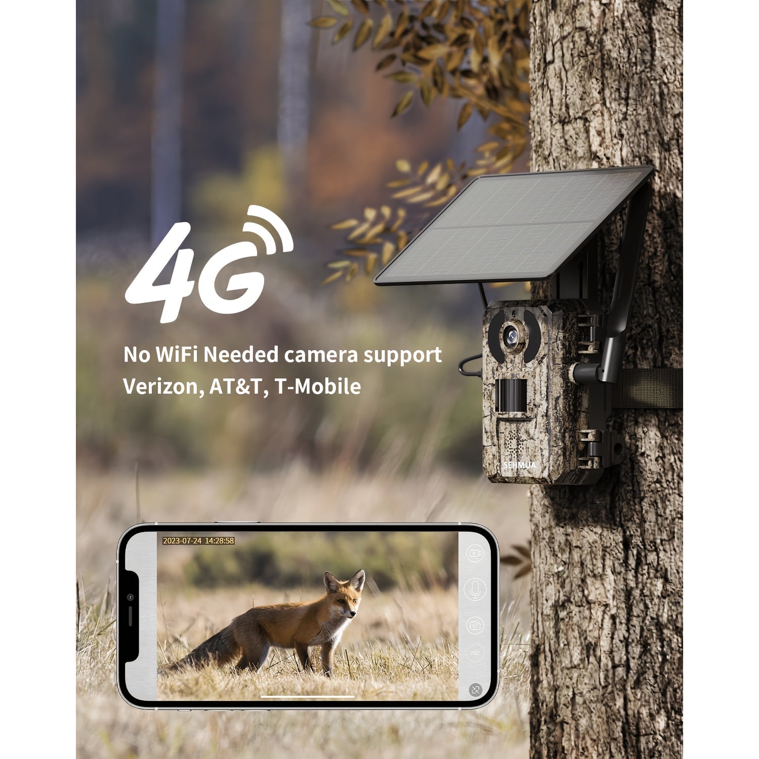 4G LTE Solar Trail Camera 4K Live View Night Vision 0.2s Trigger Remote Phone Access Motion Detection Wide Angle Wireless Game Camera for Deer Hunting Wildlife