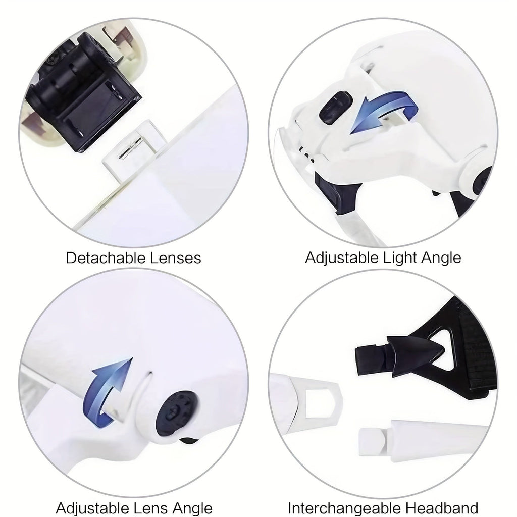 Head Mounted Magnifier with LED Light and 5 Interchangeable Lenses 1.0X to 3.5X – Adjustable Headband Magnifying Headset for Jewelry Making Electronics Repair Model Building Soldering Reading and Precision Work
