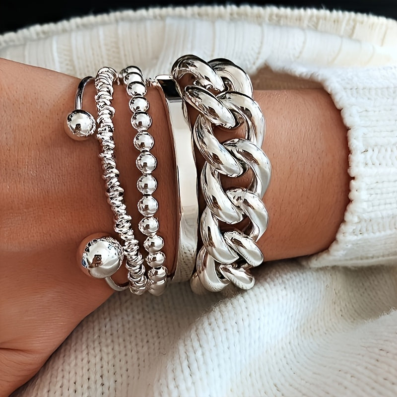 5-Piece Chunky Wide Chain Beaded Bracelet Set for Women – Stackable Layering Fashion Jewelry, Gold & Silver Tones, Perfect for Daily Wear, Dating, Vacation, Parties & Gifts for Girlfriend