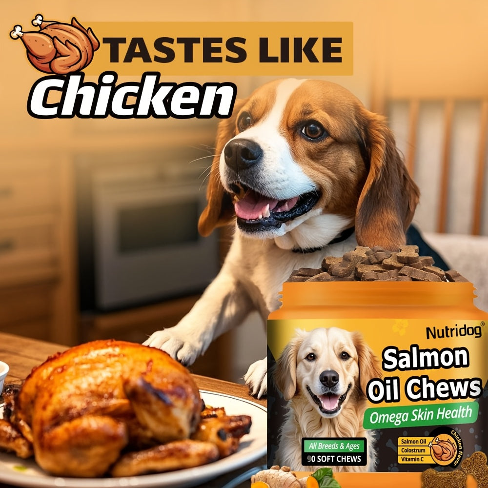 Dog Supplement Soft Chews 90 Count Probiotics Salmon Oil Chicken Flavor Supports Coat Gut Health Immunity All Ages Puppies Seniors 225g