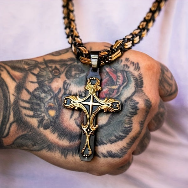 Men's Stainless Steel Cross Necklace Set 2pcs Cuban Chain with Cross Pendant Retro Hip Hop Fashion Jewelry for Men - Bold Statement Necklace Gift for Him Birthday Christmas