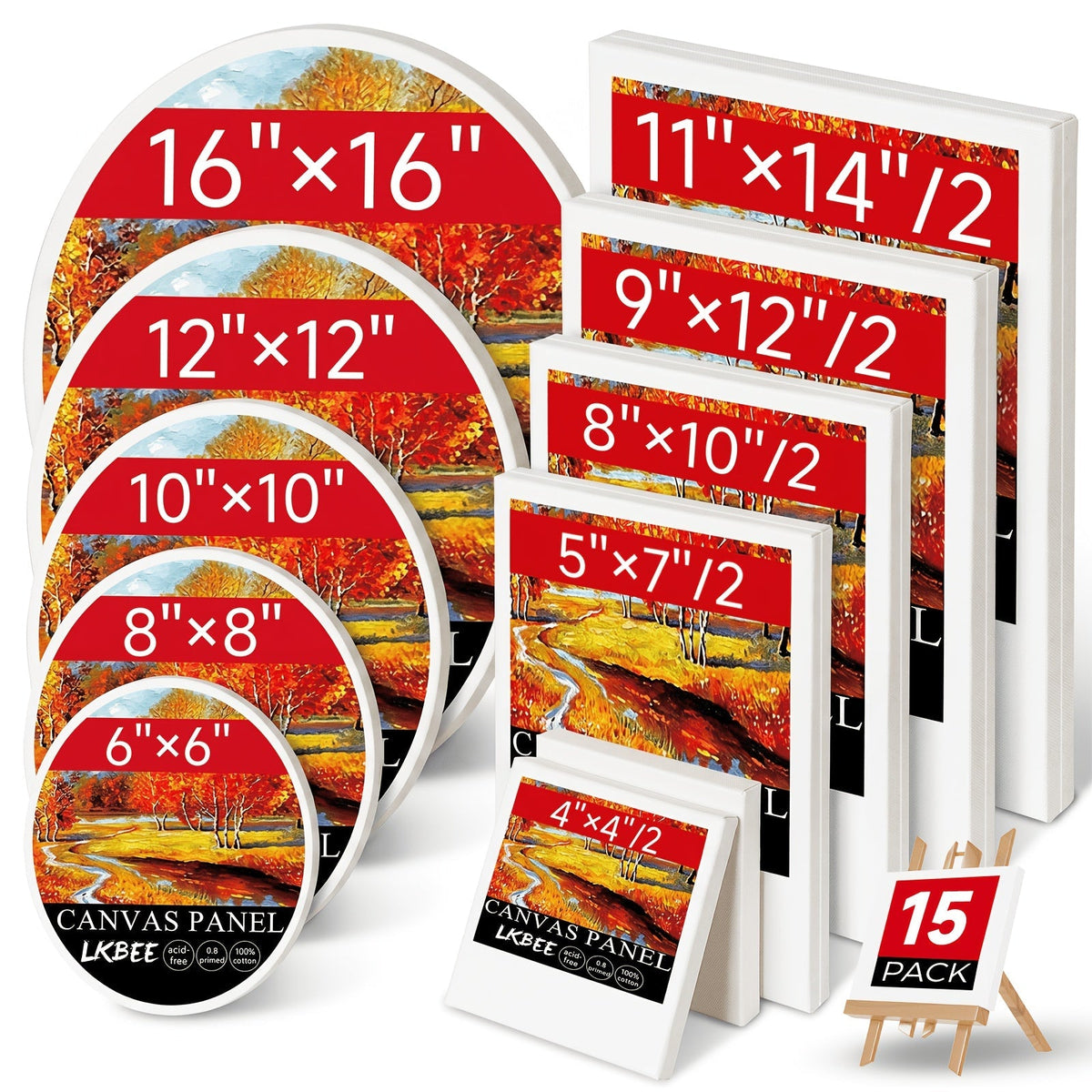 Stretched Canvas Board Set Round and Square Multi-Size Combo 5 to 20 Piece Packs – Pre-Primed Acid-Free Cotton Canvas for Acrylic Pouring Wet-on-Wet Oil Painting Mixed Media and Classroom Teaching