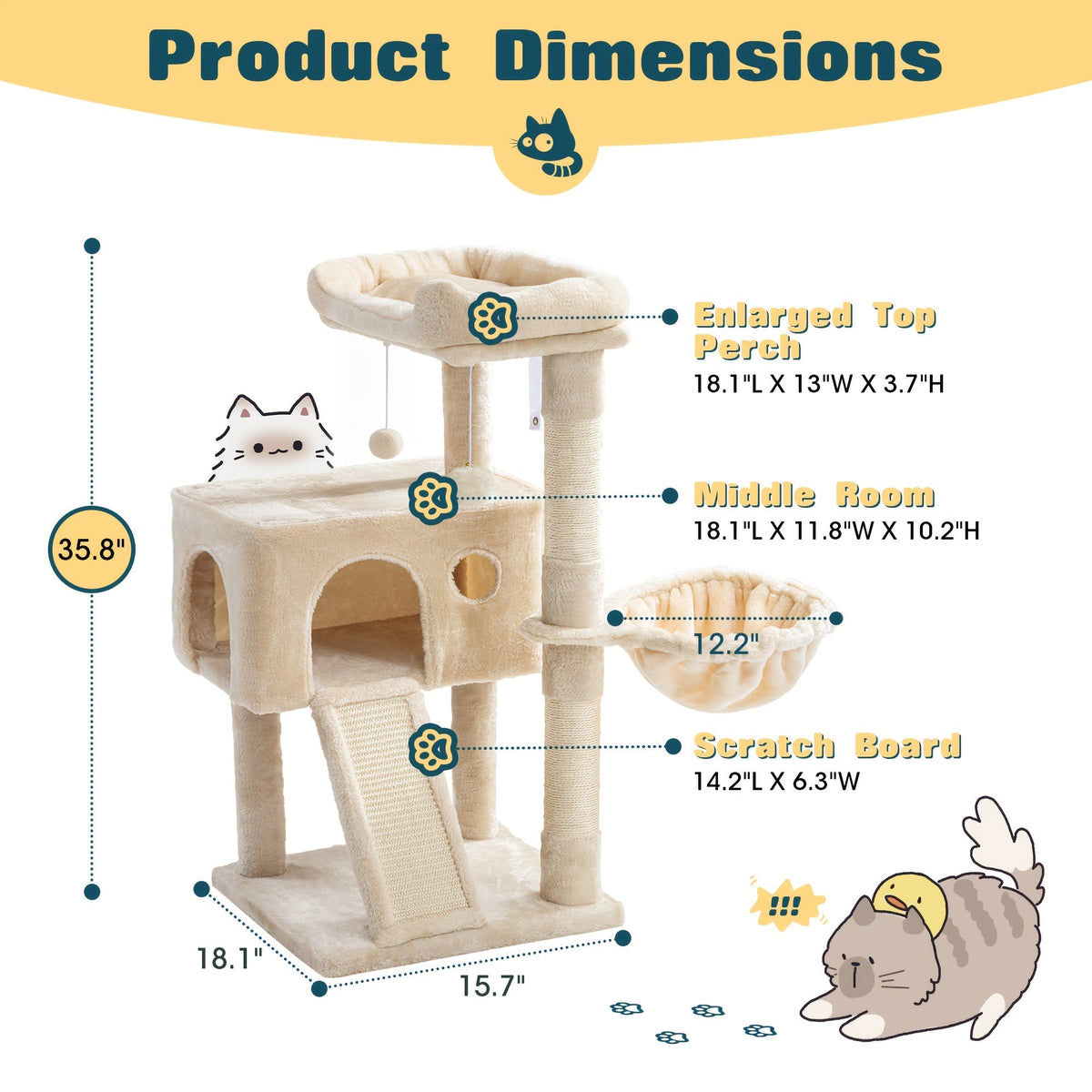 WEEWAY Corner Cat Tree Tower for Indoor Cats 36–81 Inch – Multi-Level Cat Furniture with Sisal Scratching Posts, Condo Cave, Hammock, Ramps, Plush Perches, Basket & Pompom Toys, Perfect Cat Gift