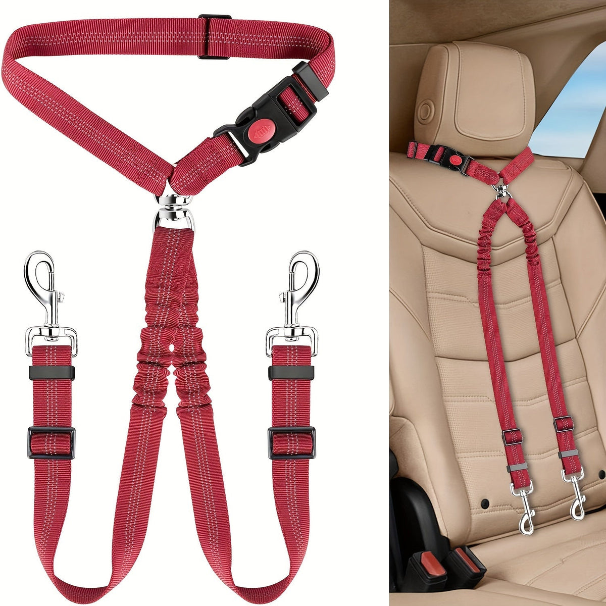 Dual Dog Car Seat Belt 2 Dogs Simultaneously No-Tangle Adjustable Bungee Headrest Clip Pet Safety Harness Small Medium Large Dogs Travel Black Red Rose Red