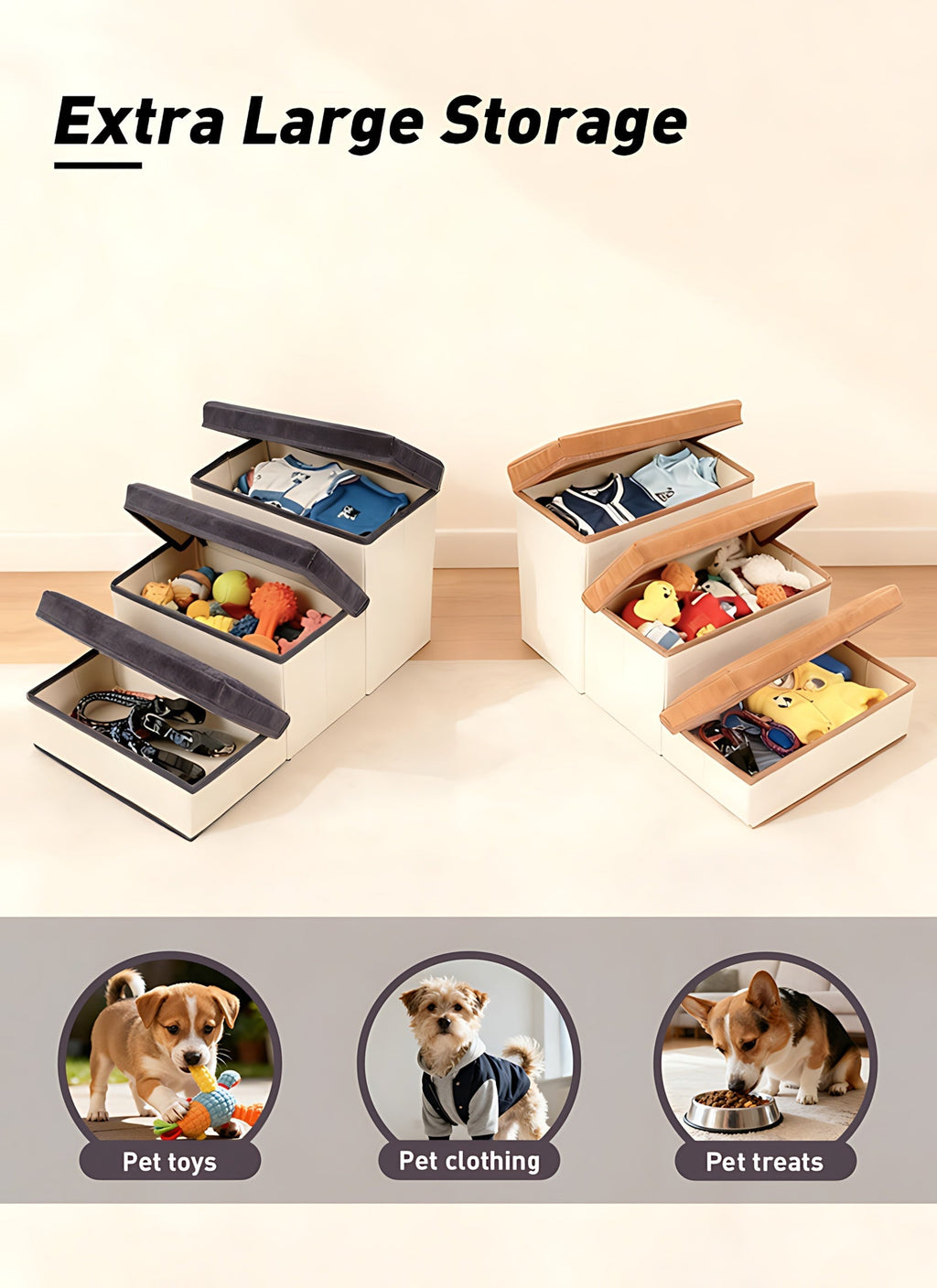 3-Tier Foldable Dog Stairs for Small Dogs Non-Slip Nylon Pet Ramp for High Beds Sofas Compact Foldable Brown White Includes Bonus Plush Toy