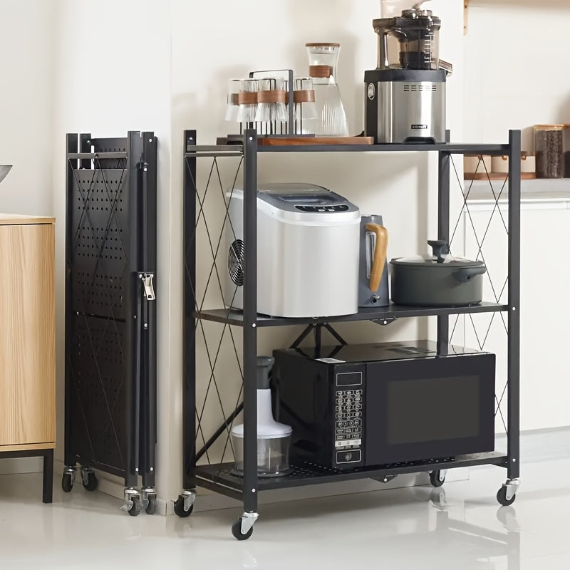3 Layer Heavy Duty Foldable Metal Storage Rack with Wheels 750 LBS – Movable Rolling Shelving Unit for Garage Kitchen Warehouse Basement & Home Organization