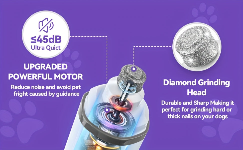 Quiet Dog Nail Grinder with LED Light – Upgraded 3-Speed Rechargeable Electric Pet Nail Trimmer & Grinder Kit, Painless Paw Grooming for Small Medium Large Dogs & Cats