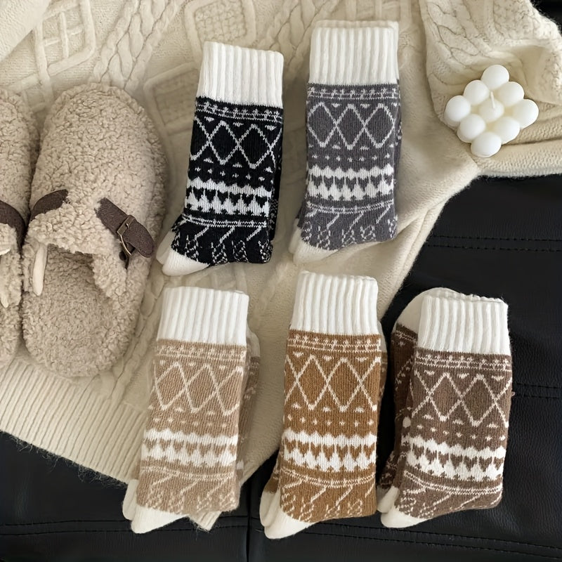 Women's Thermal Winter Socks 5 Pack Fluffy Warm Mid-Calf – Cozy Cold Weather Socks with Ethnic Rhombus Pattern, Soft Fabric for Outdoor Commuting & Everyday Wear, Multi-Color