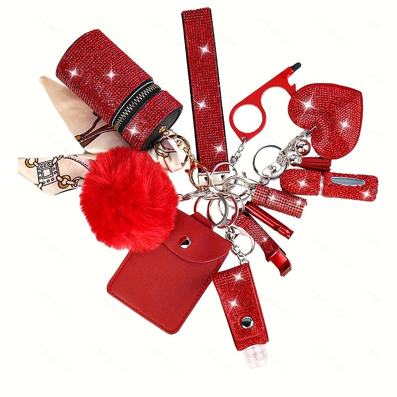 Rhinestone Keychain Set for Women 11 Piece – Multifunctional Keyring with Card Holder Pill Bottle Whistle Perfume Bottle Storage Bag & Quote Charms Gift for Her