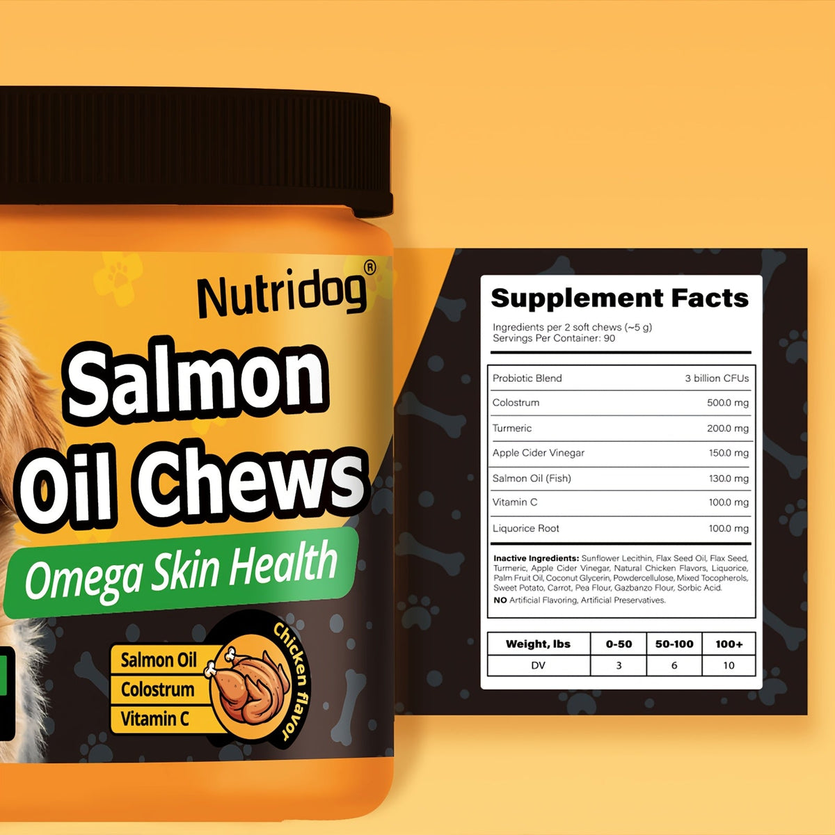 Dog Supplement Soft Chews 90 Count Probiotics Salmon Oil Chicken Flavor Supports Coat Gut Health Immunity All Ages Puppies Seniors 225g