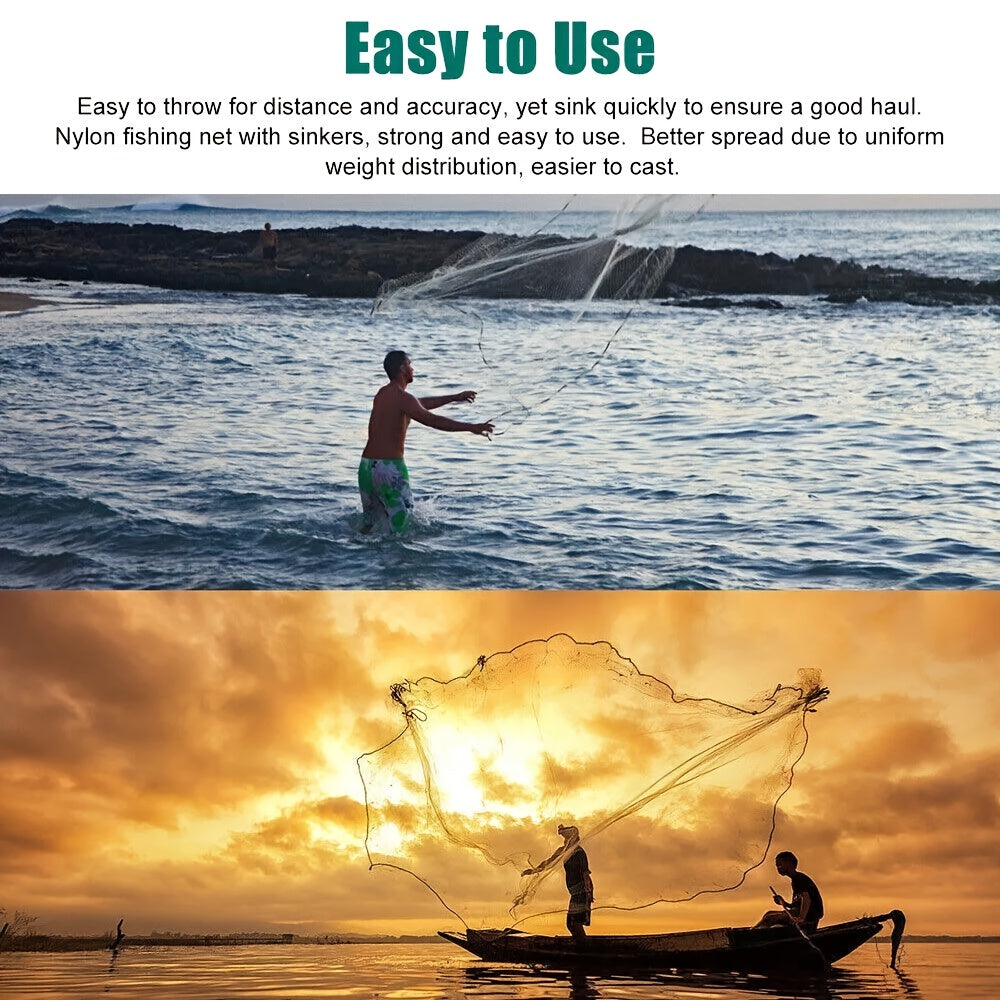 8FT 10FT Fishing Cast Net with Zinc Sinkers – Easy Throw Nylon Monofilament Bait Trap Net for Saltwater Freshwater, 240 300 Steel Drop, American Anglers Shore Pier Kayak Boat Fishing