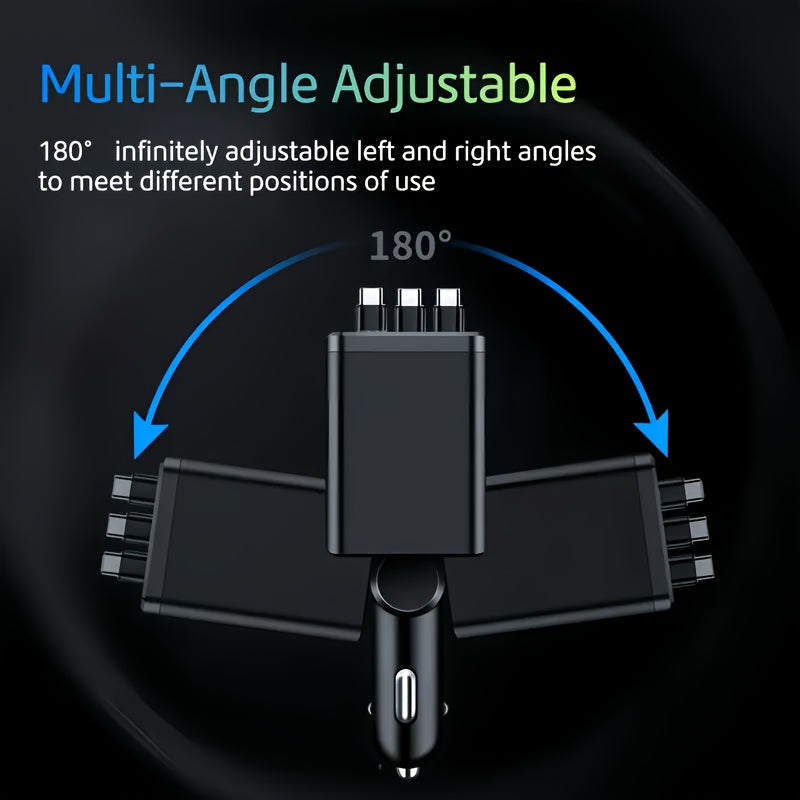 7 in 1 Car Fast Charger with 3 Retractable Cables LED Digital Display 180 Degree Adjustable Multi-Port Car Phone Charger for iPhone Android USB-C Samsung Universal 12V 24V