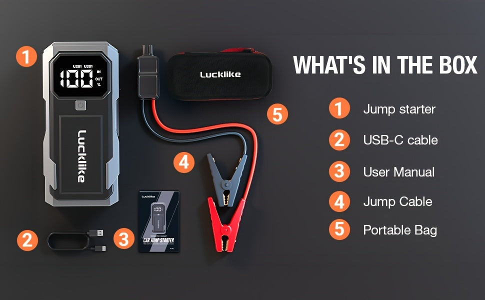 5000A Portable Car Jump Starter & 12V Battery Charger – 3000A Peak, QC3.0 Quick Charge, Intelligent Jumper Cables, LED Light & Power Bank for Gas & Diesel Engines Up to 8.0L