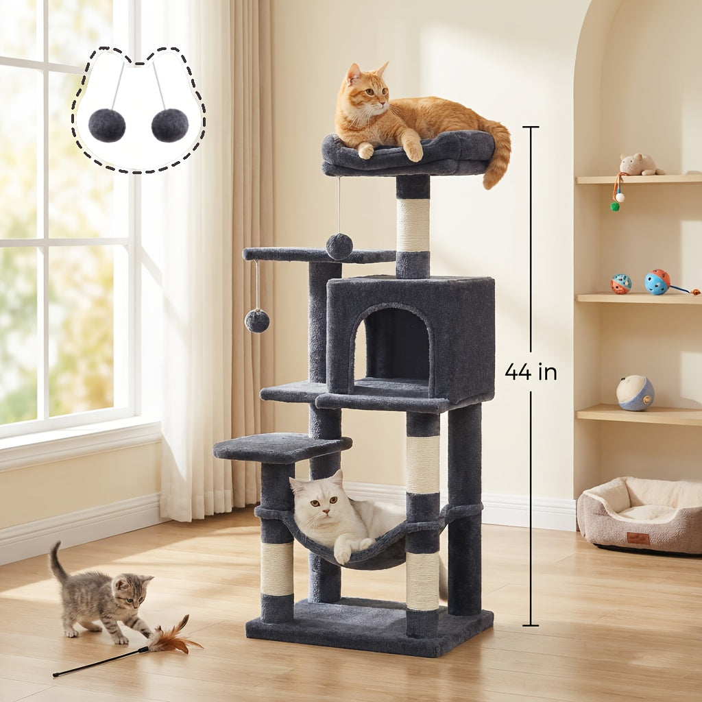 Cat Tree Tower 44 or 66 Inch Multi-Level Hammock Cozy Cave 4 Sisal Posts 2 Perches Anti-Tilt 10-Min Assembly Indoor Cats Kittens Multi-Cat Dark Gray Light Gray White Beige