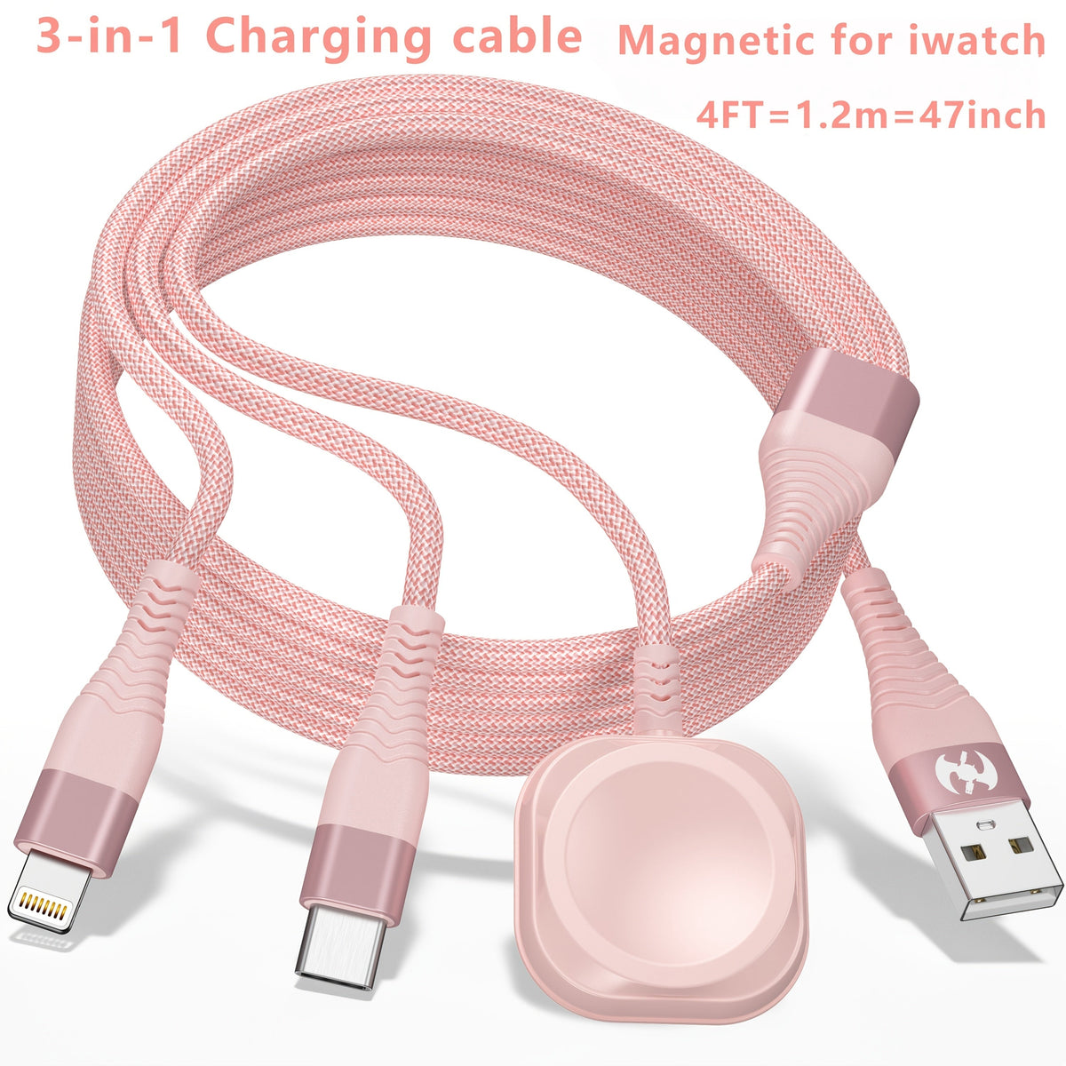 3 in 1 Charging Cable iWatch Magnetic Charger Lightning Type-C – Nylon Braided 47 Inch Fast Charging for iPhone, Apple Watch Series 1-10 & Android Phones