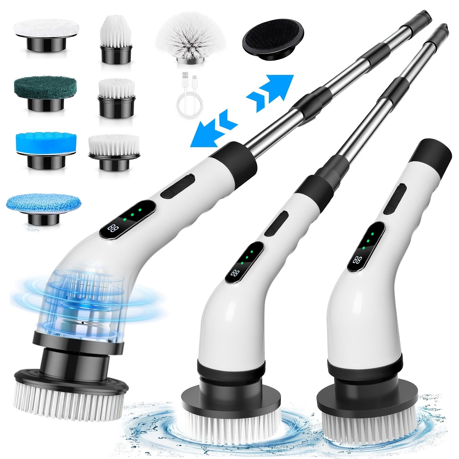 Electric Spin Scrubber Cordless with 7 Replaceable Brush Heads – Dual Adjustable Speeds Adjustable Detachable Handle for Bathroom Tub Tile Grout Floor Shower Kitchen Cleaning, White & Black