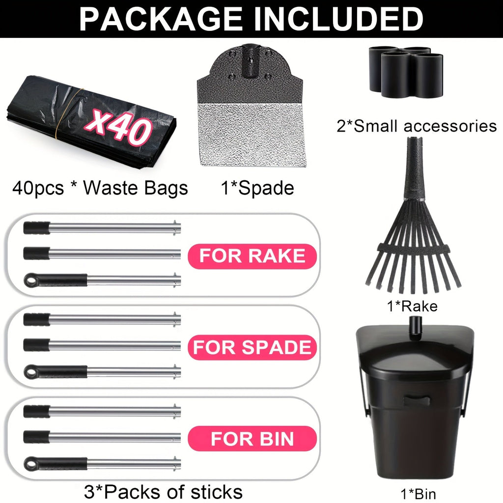 Heavy Duty Dog Pooper Scooper Set with Swivel Bin, Rake & Spade – Long Handle No-Bend Pet Waste Removal for Grass, Dirt & Gravel, 40 Waste Bags Included, Large Dogs