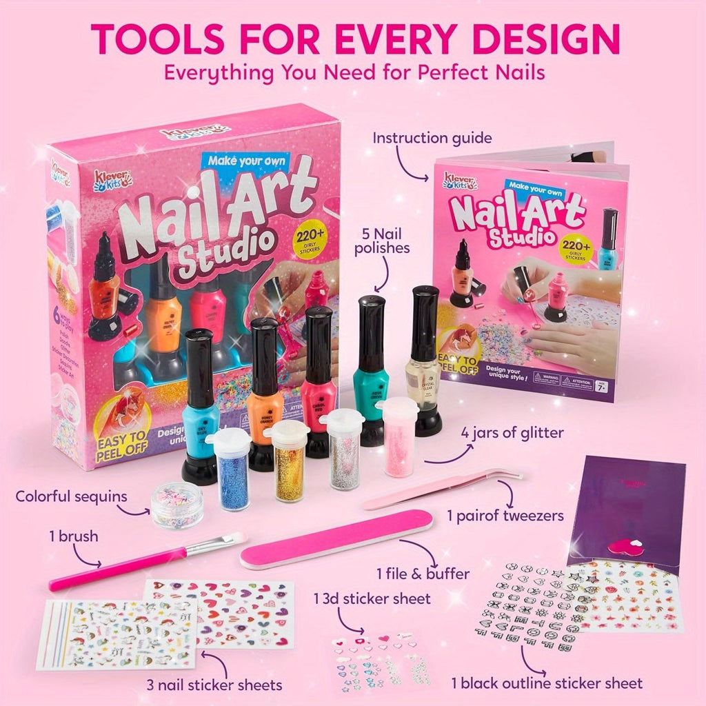 Kids Nail Art Kit for Girls Non-Toxic Nail Polish Set with Glitter Stickers Sequins 220+ Designs 6 Color Pens Children Nail Studio Birthday Christmas Gift Ages 7 and Up