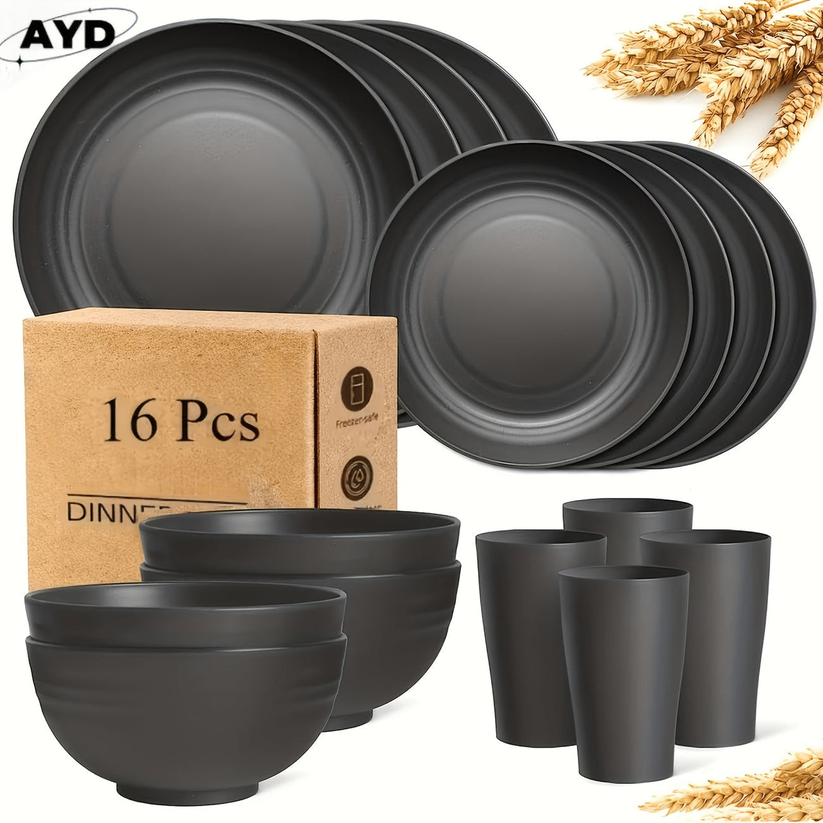 Wheat Straw Dinnerware Set 16 or 32 Piece – Unbreakable Lightweight Dishwasher Microwave Safe Plates Bowls Cups Modern Kitchen Tableware Gift for Thanksgiving Christmas Housewarming