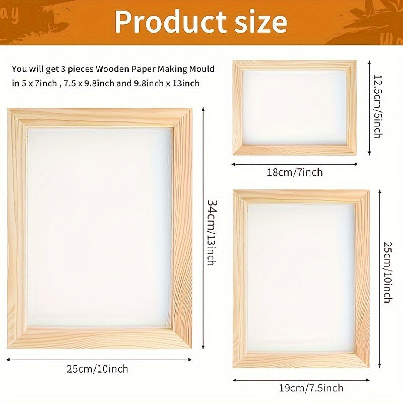 Wooden Papermaking Kit 3 Piece DIY Handmade Paper Frame Mold Set with Elastic Net & Metallic Hinges – 3 Sizes for Cards, Journals, Gift Tags, Stationery & Bookmarks | Arts & Crafts Kit for Adults Kids