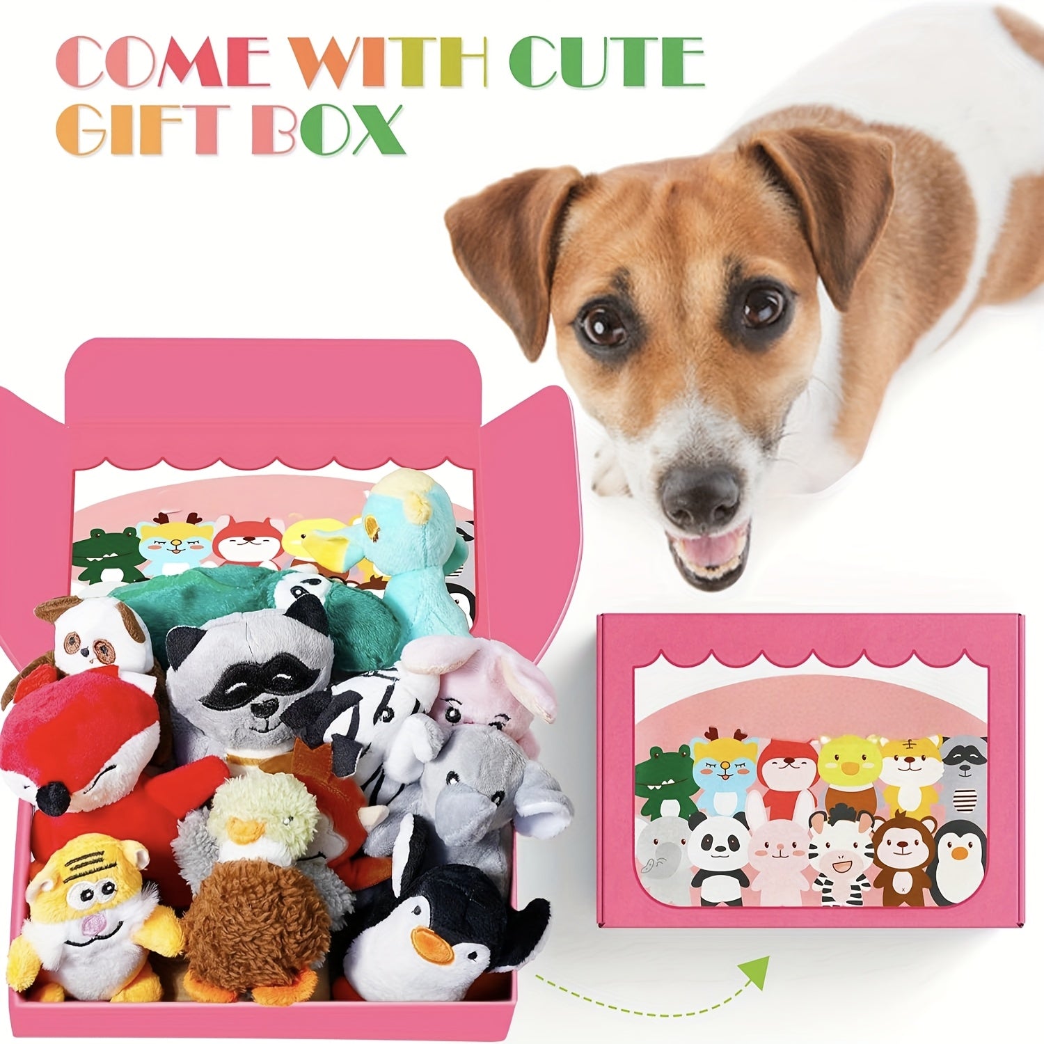 12 Pack Squeaky Stuffed Animal Dog Toys Plush Puppy Toys for Small Medium Dogs Soft Chew Teething Squeaker Toys with Gift Box Fox Tiger Rabbit Panda Elephant and More
