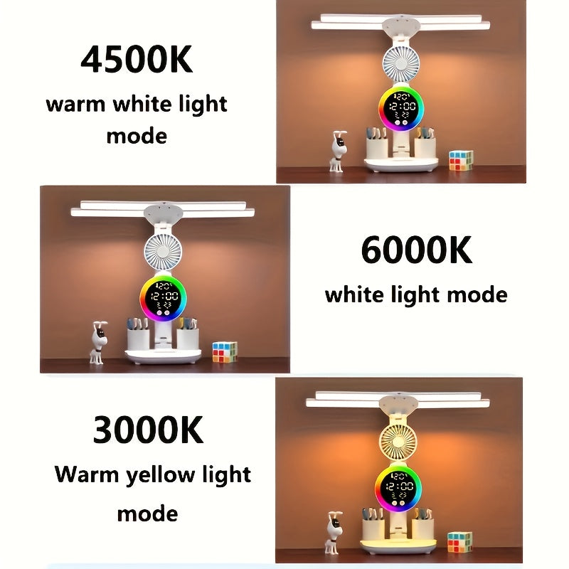 Smart Touch LED Desk Lamp USB Powered Dual-Head Dimmable Color-Changing with Built-In Fan Night Light Eye-Friendly for Home Office Dorm Study Bedroom No Battery Required