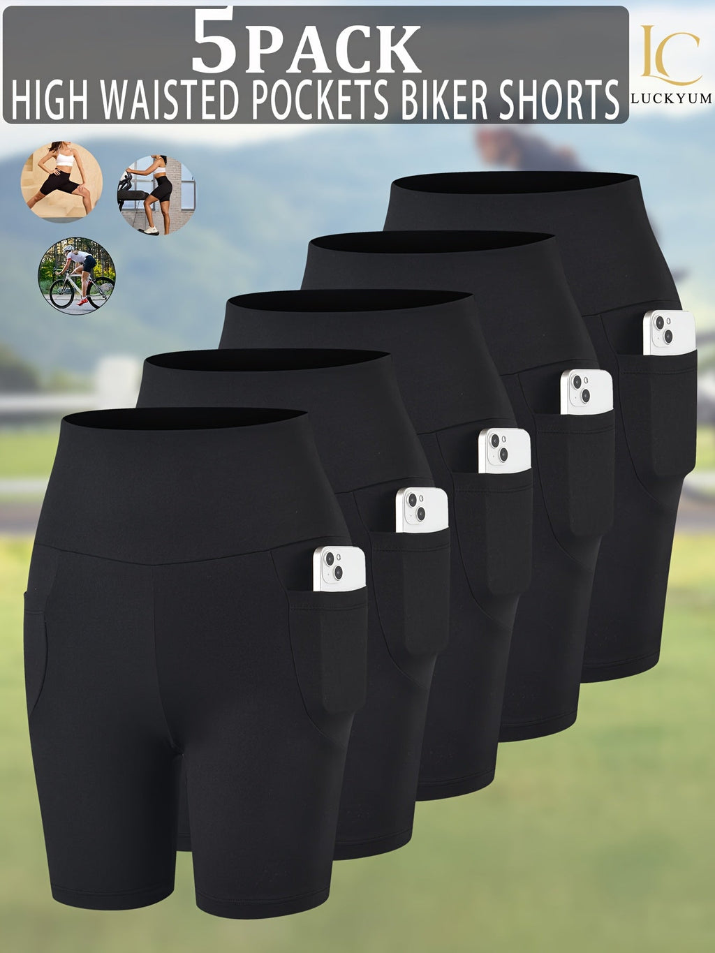 Women's High Waisted Biker Shorts 5 Pack with Pockets | Tummy Control No See-Through | 6" Inseam Workout Running Yoga Athletic Shorts | Soft Stretch | XS-XXL | Mixed Colors