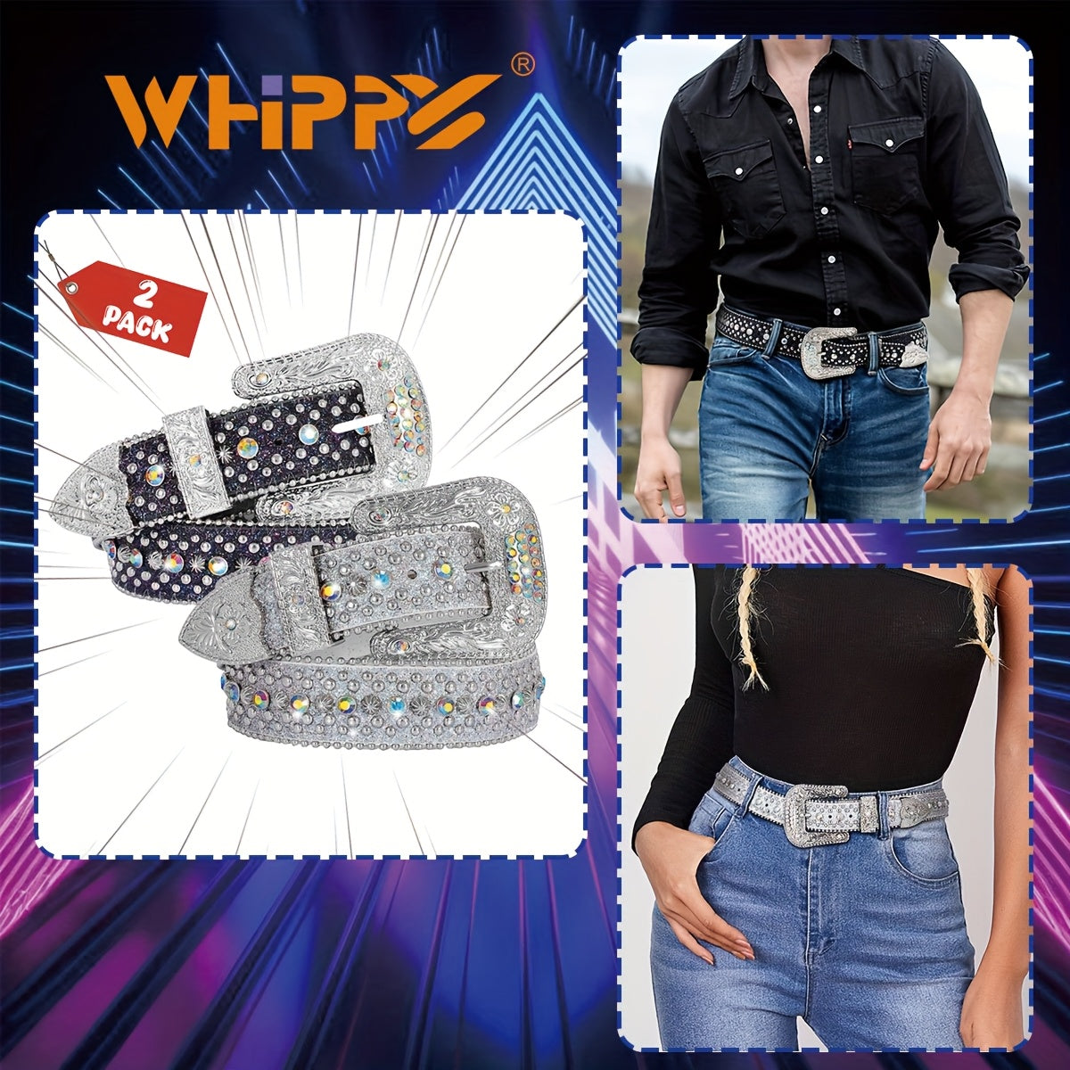 Rhinestone Belt Unisex Western Cowgirl Bling Faux Leather Removable Buckle – Sparkling Adjustable Waist Belt for Women Men 13 Colors Sizes S-XL Party Festival Halloween Christmas Gift