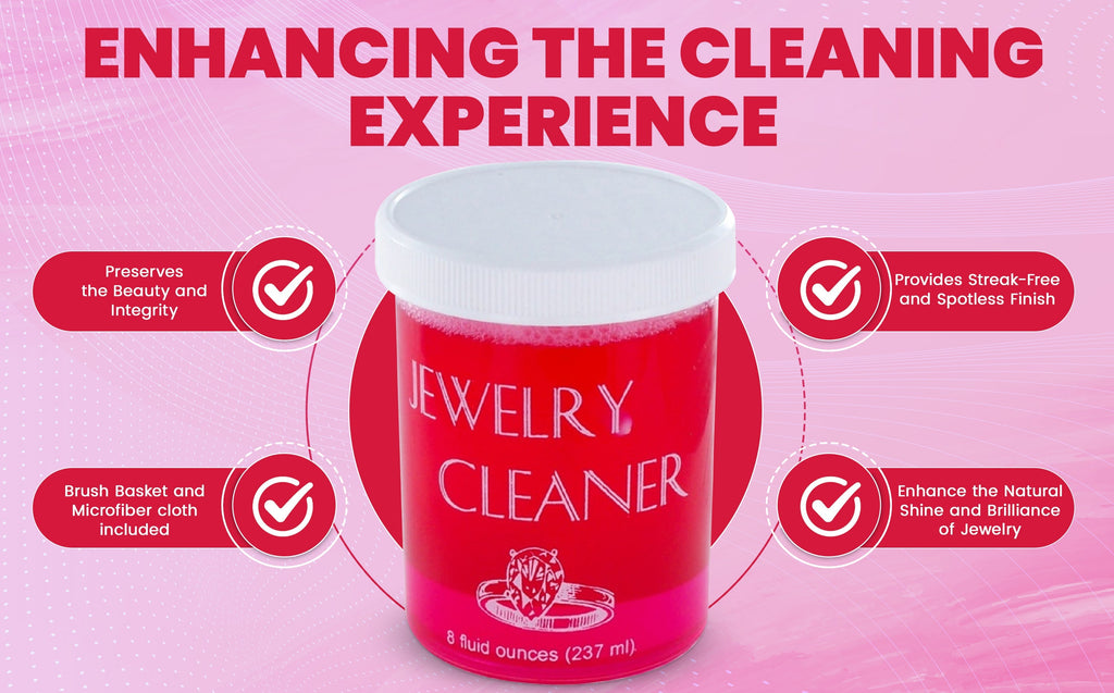 Jewelry Cleaner 8 fl oz for Gold, Silver & Platinum – Fast-Acting Dip Formula, Includes Strainer Basket, Cleaning Brush & Microfiber Cloth – Safe for Stones & Pearls