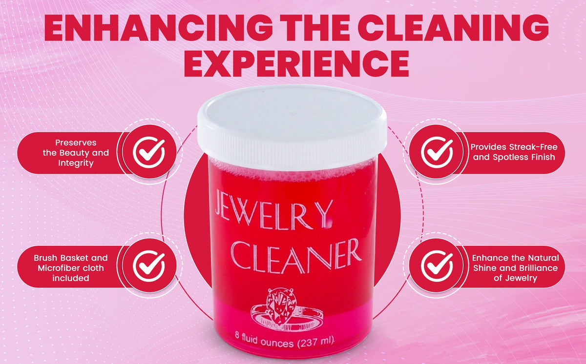 Jewelry Cleaner 8 fl oz for Gold, Silver & Platinum – Fast-Acting Dip Formula, Includes Strainer Basket, Cleaning Brush & Microfiber Cloth – Safe for Stones & Pearls