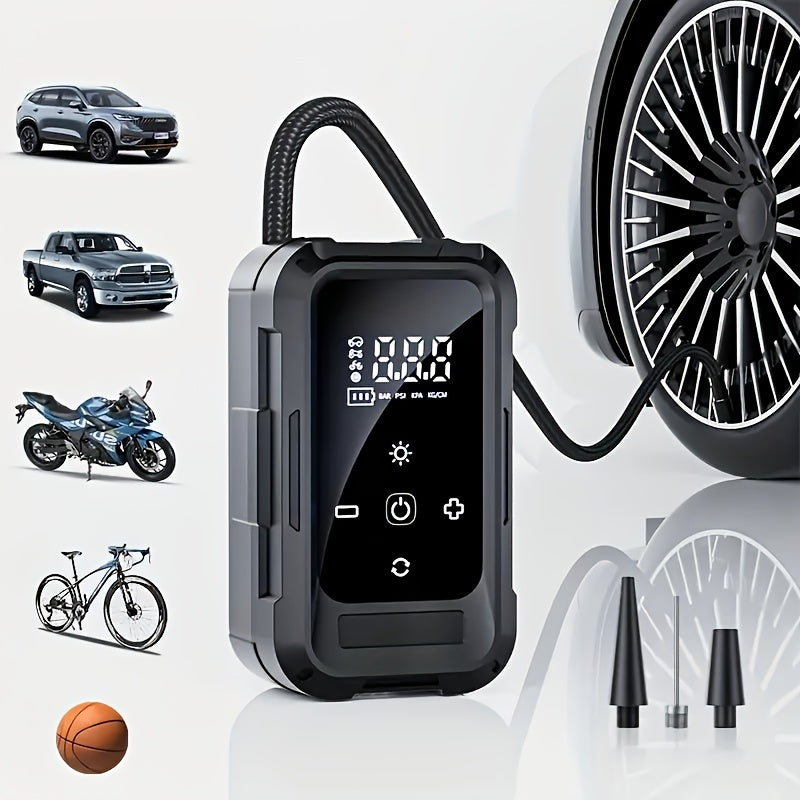 Portable Cordless Tire Inflator – Smart Wireless Air Compressor with Digital Tire Pressure Gauge & LED Light for Cars, Motorcycles, Bicycles & Balls, Type-C Fast Charging