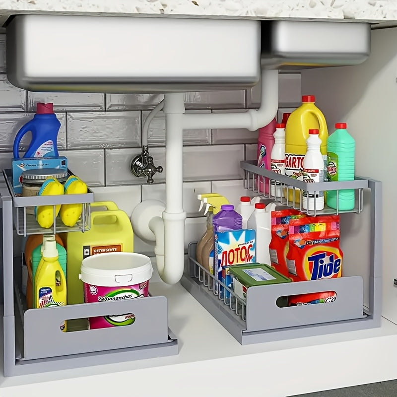 Under Sink Organizer Pull Out 2-Tier Slide Out Cabinet Shelf Kitchen Bathroom Storage Rack Utility Organizer – Black White Light Grey, 1 or 2 Pack