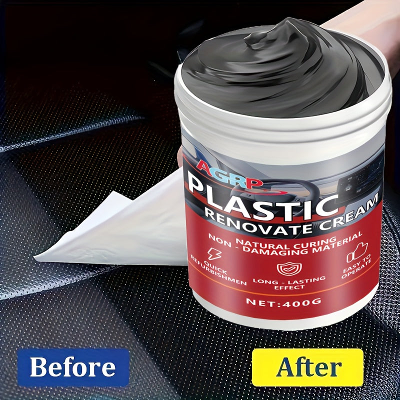 Car Plastic Trim Restorer Wax 400g – High Gloss UV-Resistant Polish for Dashboard Bumper Tire & Exterior Trim, Anti-Fade Interior & Exterior Car Detailing Paste, Non-Greasy Fast-Drying