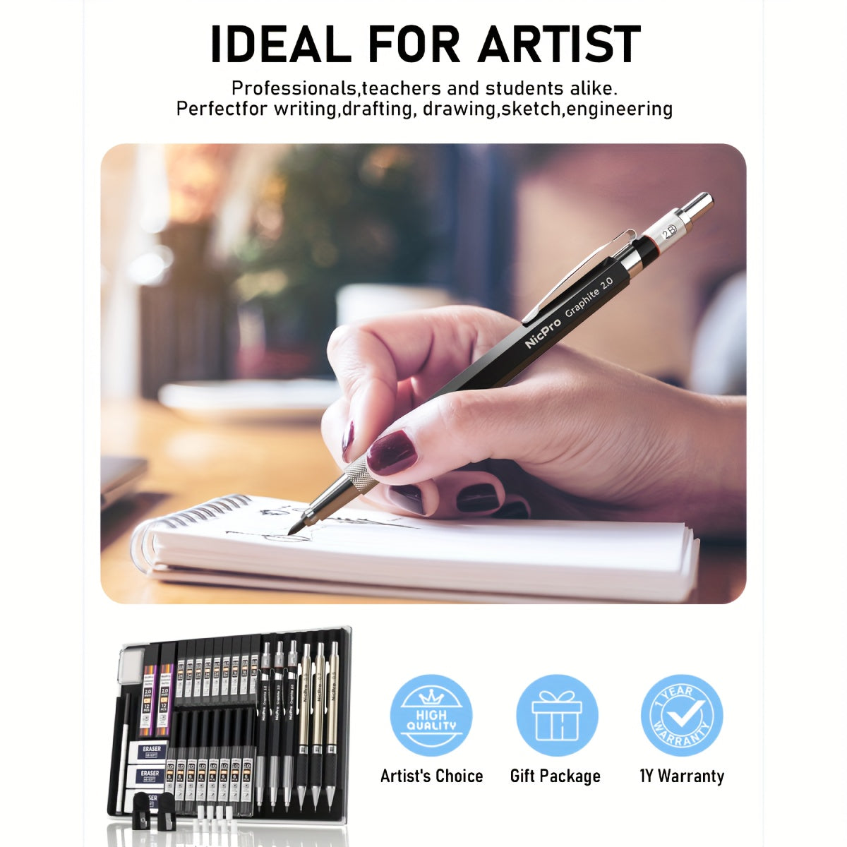 Nicpro 34-Piece Art Mechanical Pencil Set 6 Metal Drafting Pencils 0.5 0.7 0.9 2mm 19 Refill Leads 6B to H Erasers Storage Case Sketching Drawing Artists Students