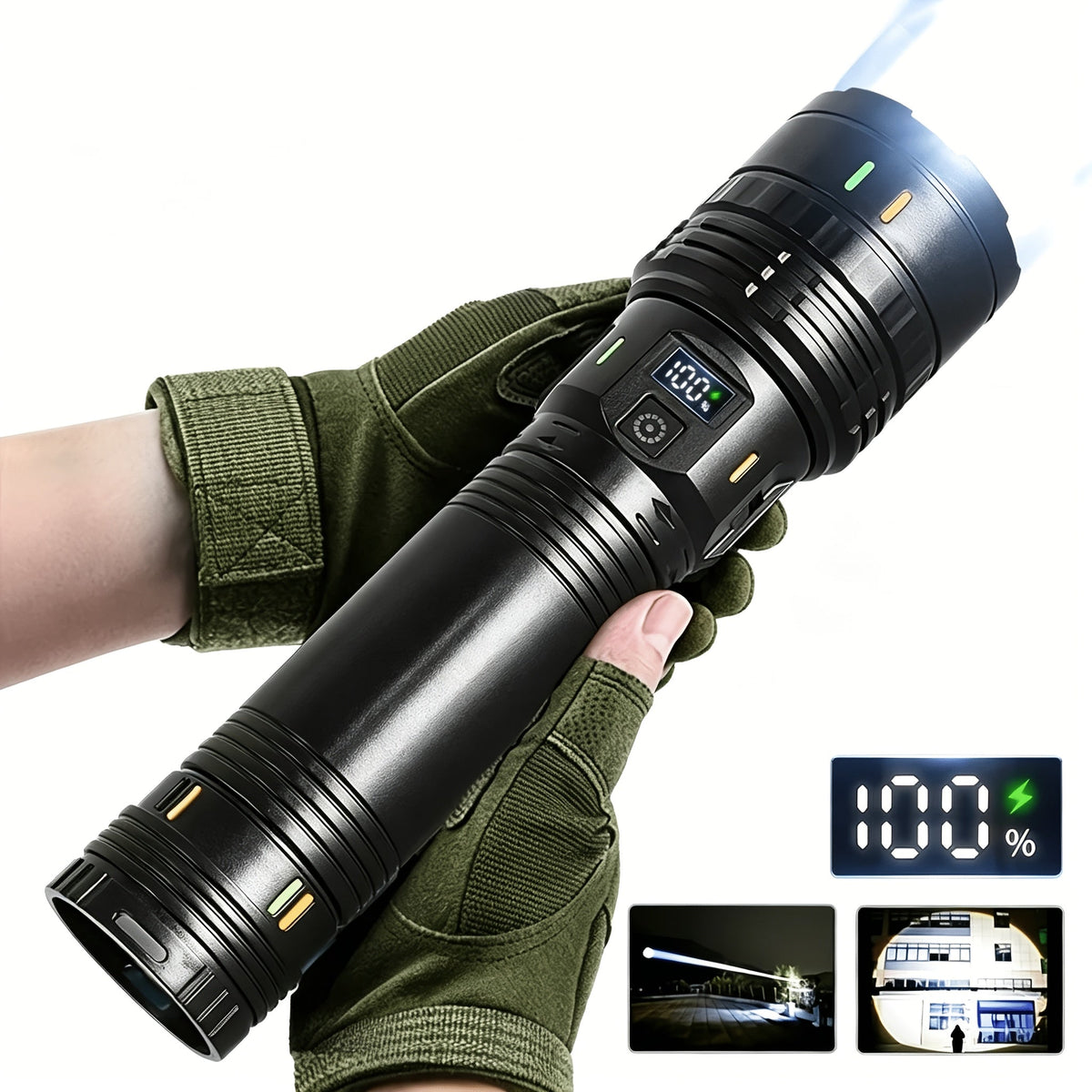 Rechargeable LED Tactical Flashlight 1500 Lumens with Adjustable Zoom, Shoulder Strap, 4 Modes for Camping, Hunting, Farm Inspection & Emergency Outdoor Use