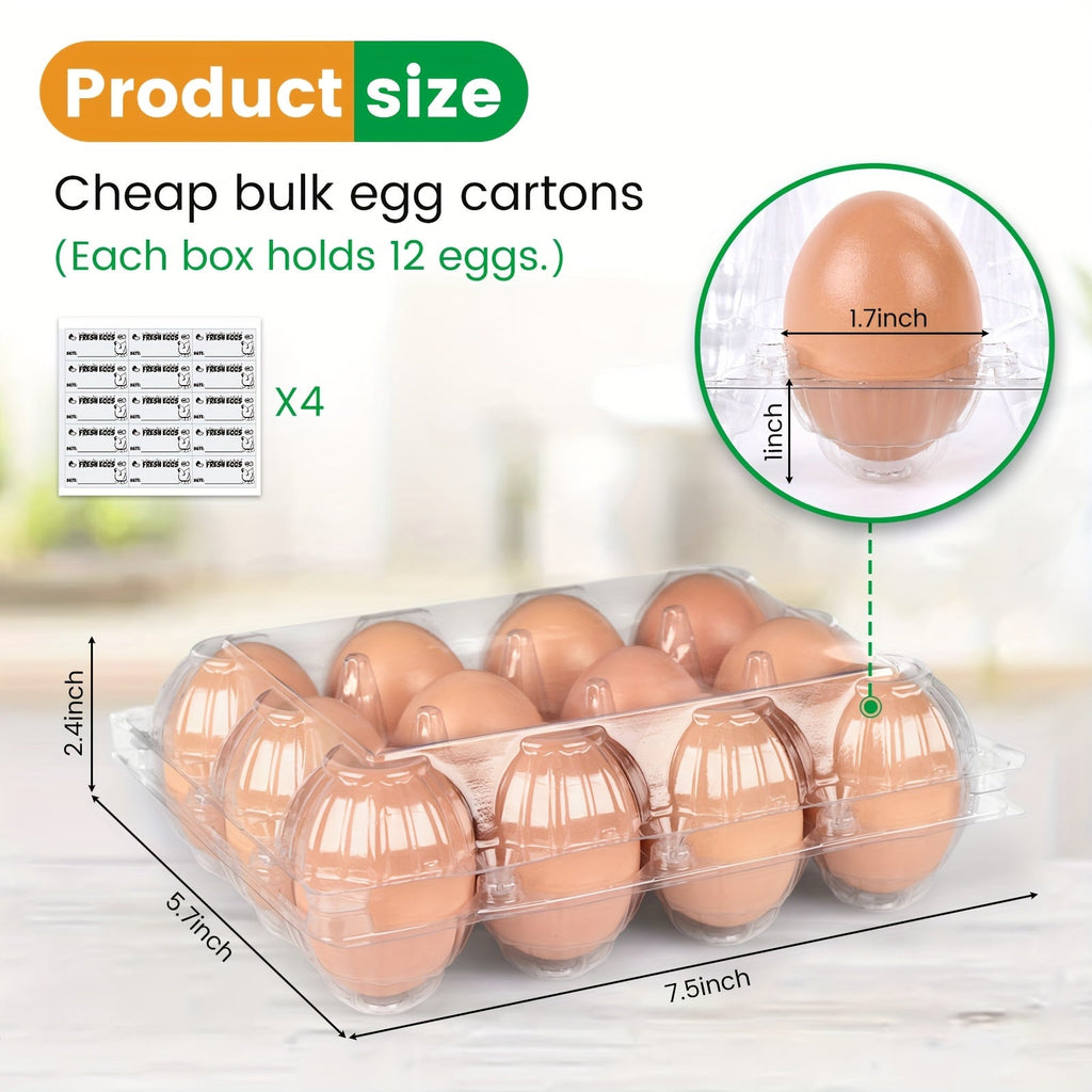 60-Pack Clear Plastic Egg Cartons 12-Cavity with Label Stickers – Bulk PET Egg Boxes for Home Kitchen, Ranch, Chicken Farm, Farmers Market & Refrigerator Storage, Holds Standard Dozen Eggs