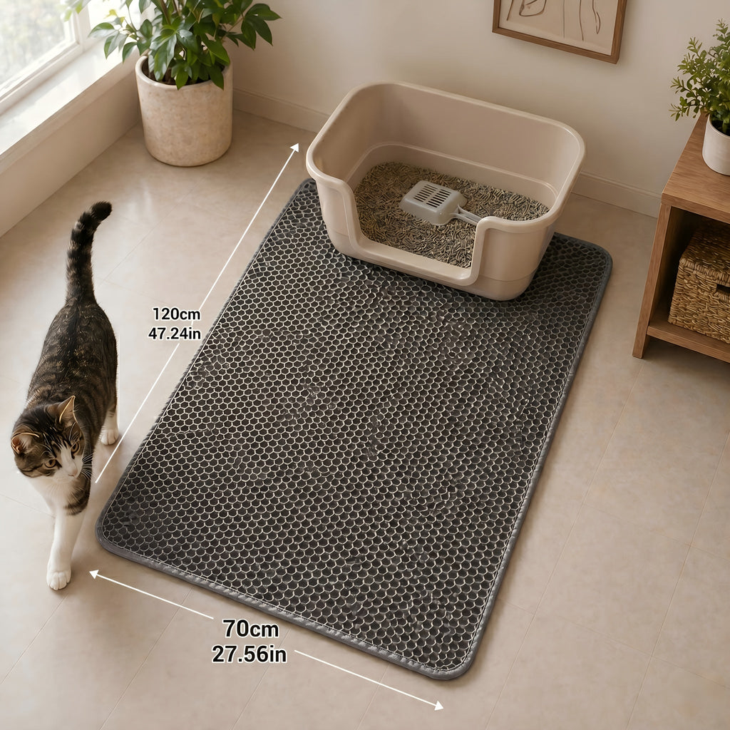 Cat Litter Mat Extra Large 27.6x47.2 Inch Honeycomb Double Layer Anti-Tracking EVA Non-Slip Waterproof Litter Trapper for Multi-Cat Households Easy to Clean Fits Large Litter Boxes Gray Khaki