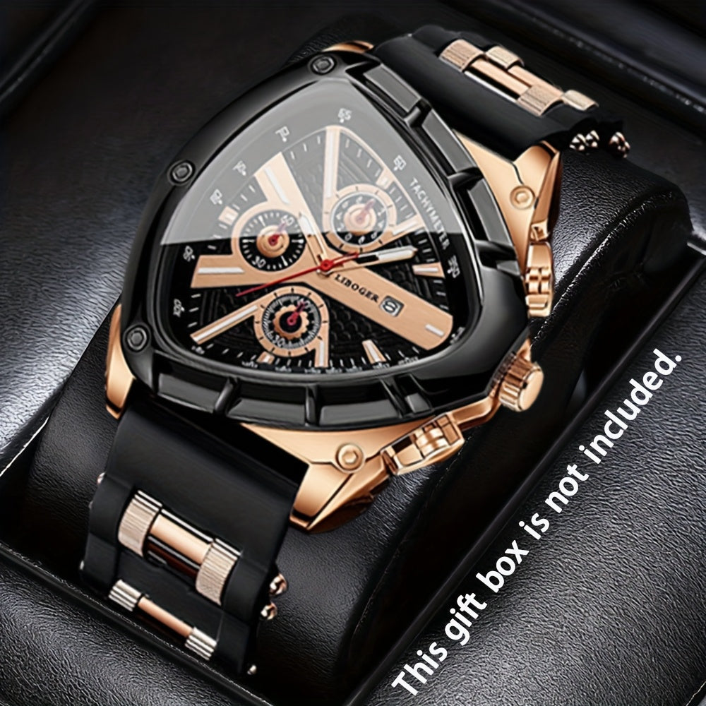 2pcs Men's Watch Set Sports Triangle Dial Silicone Strap and Retro Square Dial Quartz Watches with Date Display Dress Watch for Casual Valentine's Father's Day Gift