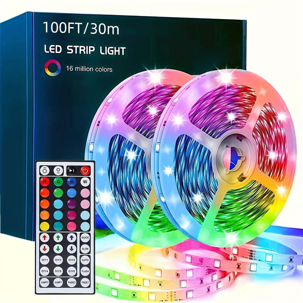100ft LED Strip Lights Color Changing RGB with 44-Key Remote & Power Supply – 30M Flexible Indoor LED Light Strip for Bedroom Living Room Festival Wedding Carnival Party Decoration Ambiance